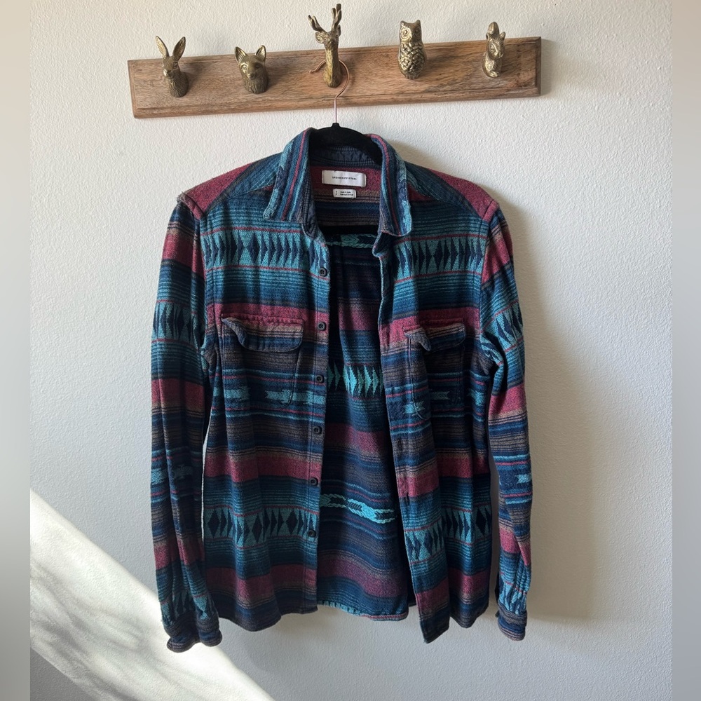 Urban Outfitters Striped Aztec Button-Up in Teal, Burgundy & Black